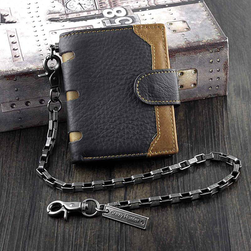 BADASSBLACKBROWNLEATHERMENSTRIFOLDSMALLBIKERWALLETCHAINWALLETWALLETWITHCHAINFORMEN